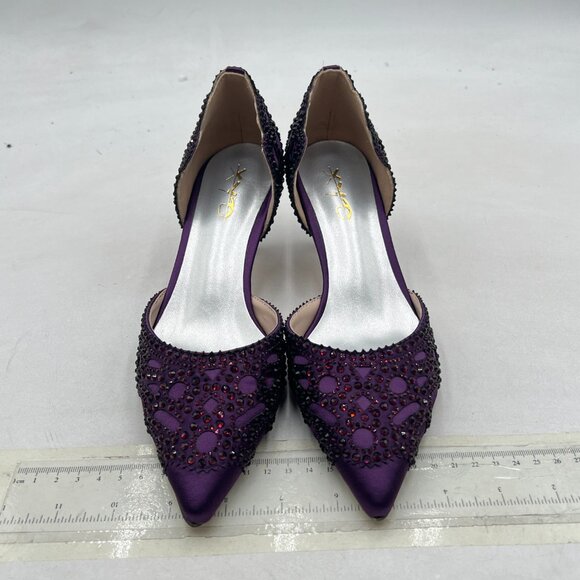 XYD Dark Purple Pointed Toe D\'Orsay Kitten Heel Rhinestone Studs Slip-On Shoes
